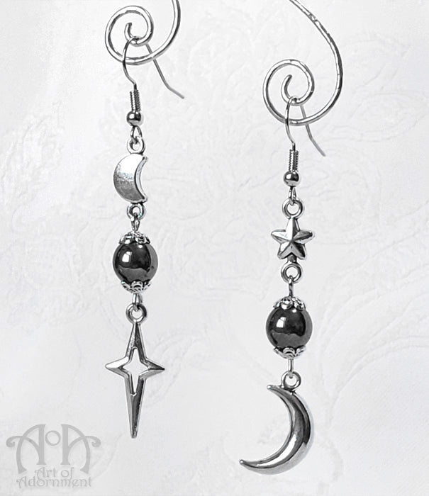 Mystical Moon & Star Hematite Beaded Earrings
