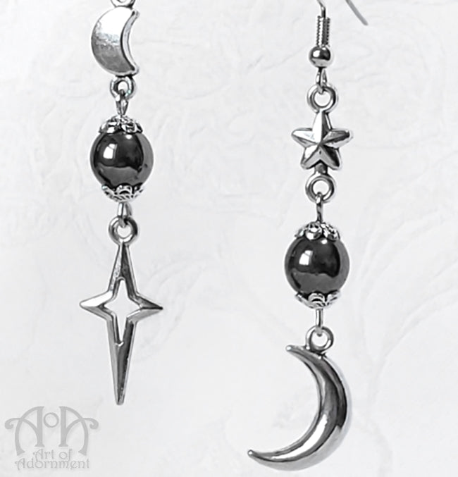 Mystical Moon & Star Hematite Beaded Earrings