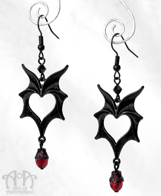 ÜberGoth Black & Red Crystal Bat Wing Drop Earrings