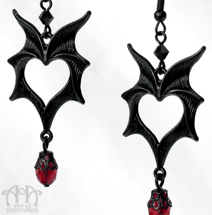 ÜberGoth Black & Red Crystal Bat Wing Drop Earrings