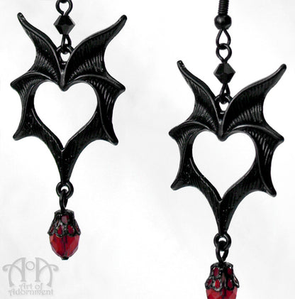 ÜberGoth Black & Red Crystal Bat Wing Drop Earrings