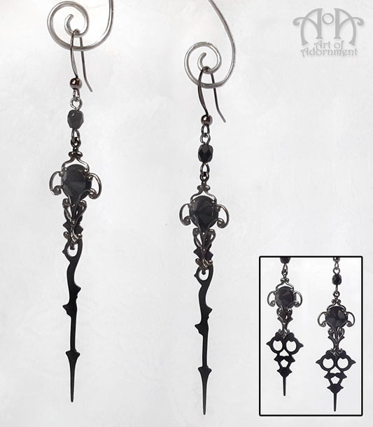 Steampunk Gunmetal Black Crystal Clock Hand Earrings