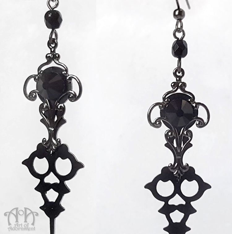 Steampunk Gunmetal Black Crystal Clock Hand Earrings