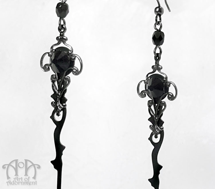 Steampunk Gunmetal Black Crystal Clock Hand Earrings