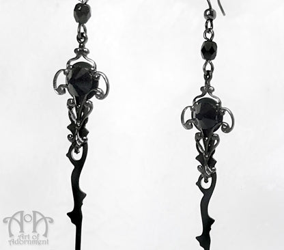 Steampunk Gunmetal Black Crystal Clock Hand Earrings