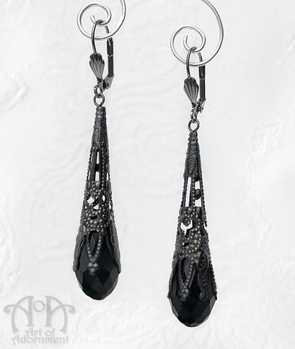 Gothic Gunmetal Filigree Black Teardrop Earrings