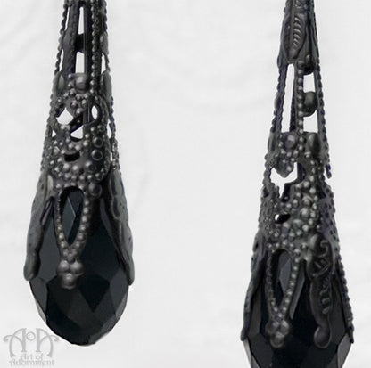 Gothic Gunmetal Filigree Black Teardrop Earrings
