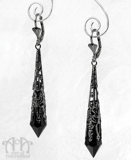 Gothic Gunmetal Filigree Black Pointed Drop Earrings