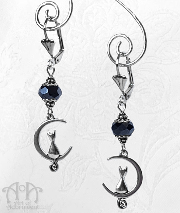 Nocturne Cat-In-The-Moon Blue-Black Crystal Earrings