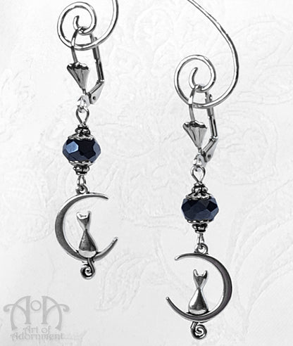 Nocturne Cat-In-The-Moon Blue-Black Crystal Earrings