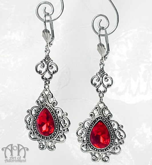 Sanguinari Red Teardrop Renaissance Filigree Earrings