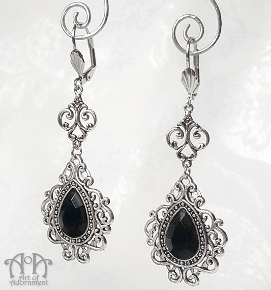 Nocturne Black Teardrop Renaissance Filigree Earrings