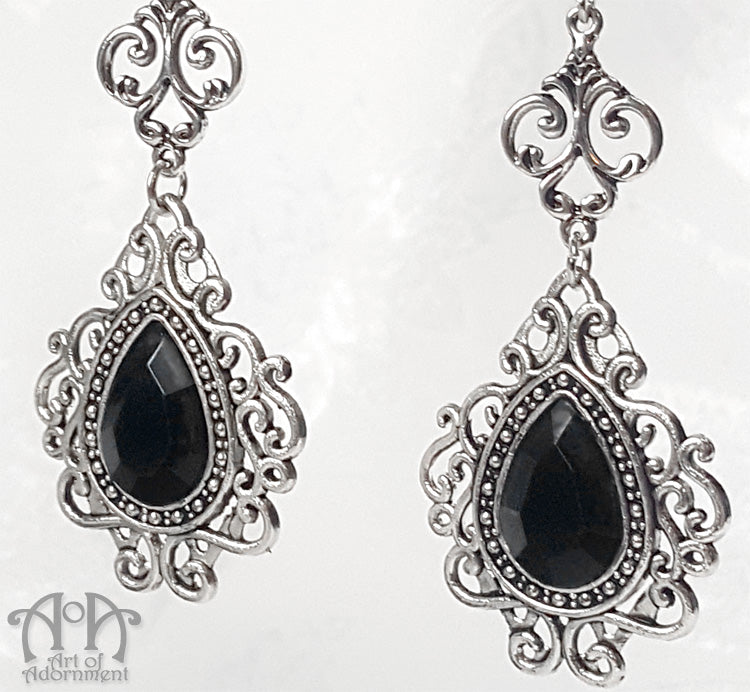 Nocturne Black Teardrop Renaissance Filigree Earrings