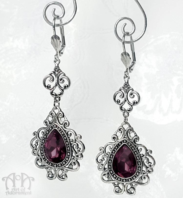 Vervaina Dark Purple Teardrop Renaissance Filigree Earrings