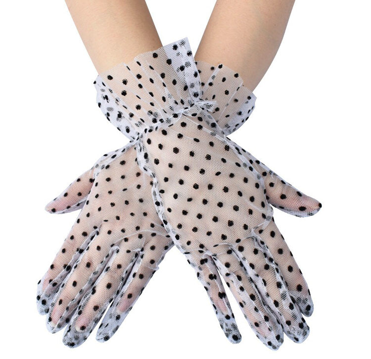 Black & White Polka Dot Lace Ruffle Wrist Length Gloves