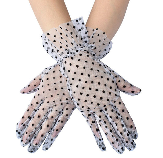 Black & White Polka Dot Lace Ruffle Wrist Length Gloves