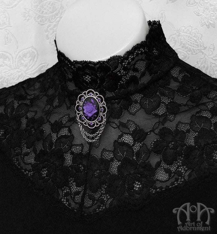Vervaina Purple & Black Gothic Rose Cameo Brooch