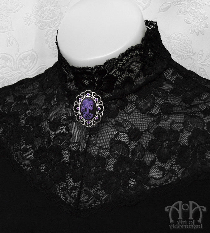 Vervaina Gothic Lady Skull Cameo Rhinestone Brooch