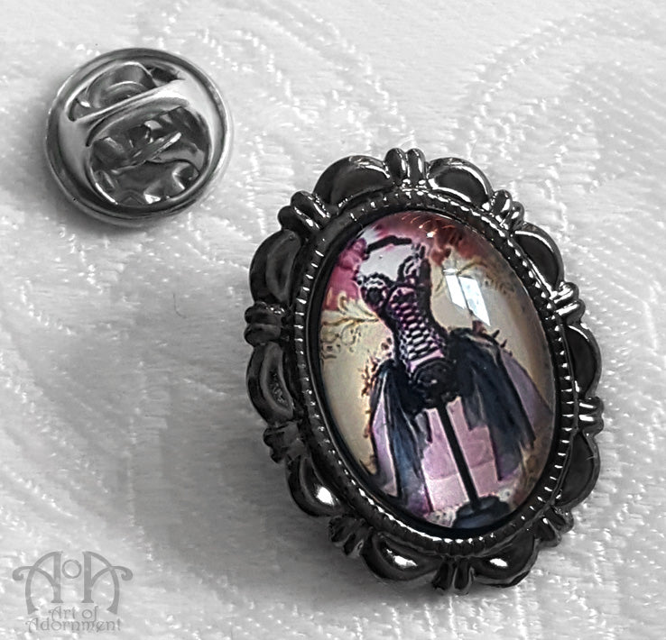 Gothic Gunmetal Glass Corset Cameo Lapel Pin