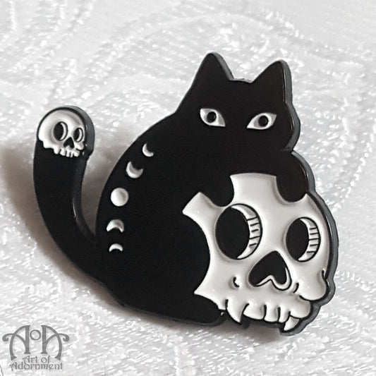 Gothic Black Cat & Skull Tack Lapel Pin