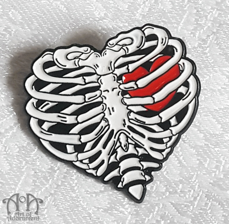 Gothic Skeleton Hand Book/Ribcage Heart Tack Lapel Pin