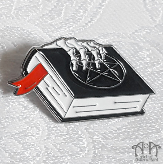 Gothic Skeleton Grimoire Hand Book Tack Lapel Pin
