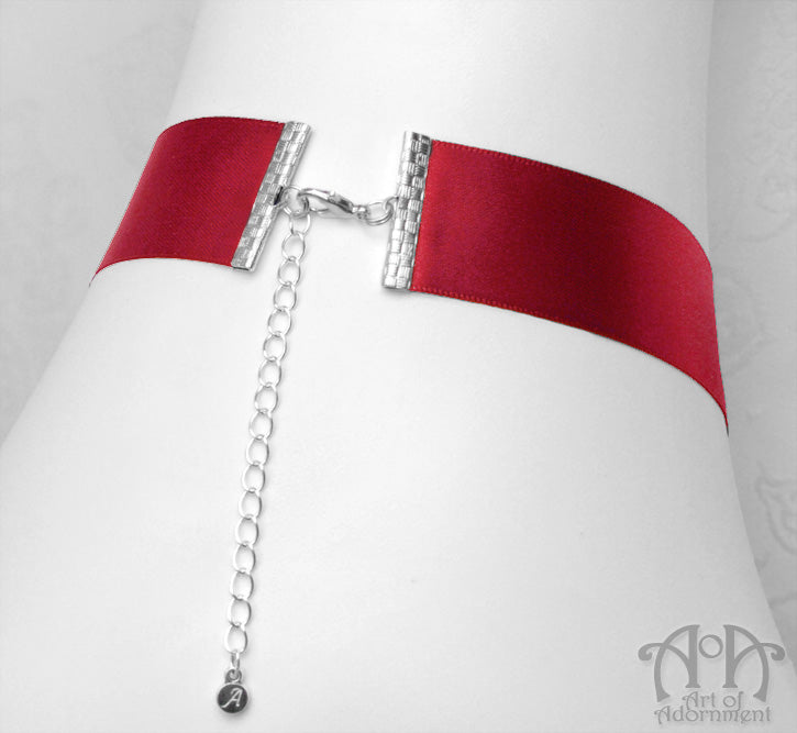 Sanguinari Gothic Rose Cameo Red Satin Pendant Choker Necklace