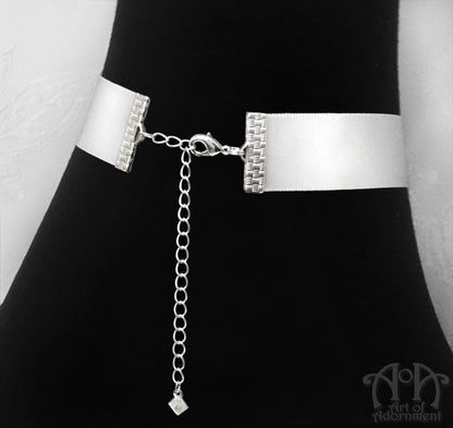 Snow Queen White Satin Crystal Pendant Choker Necklace