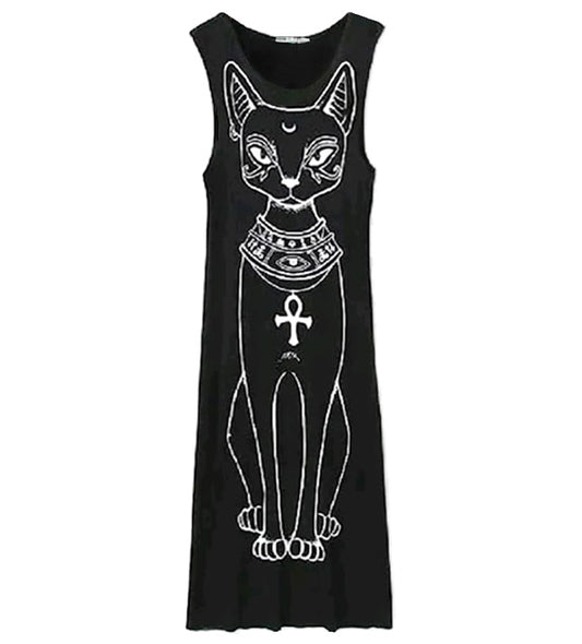 Bastet Print Long Black Egyptian Cat Maxi Dress