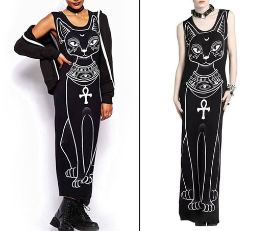Bastet Print Long Black Egyptian Cat Maxi Dress