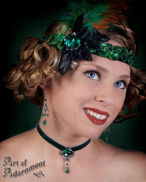 Sylvannia Green Crystal Beaded Velvet Choker Necklace