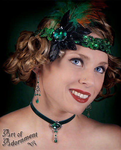 Sylvannia Green Crystal Beaded Velvet Choker Necklace