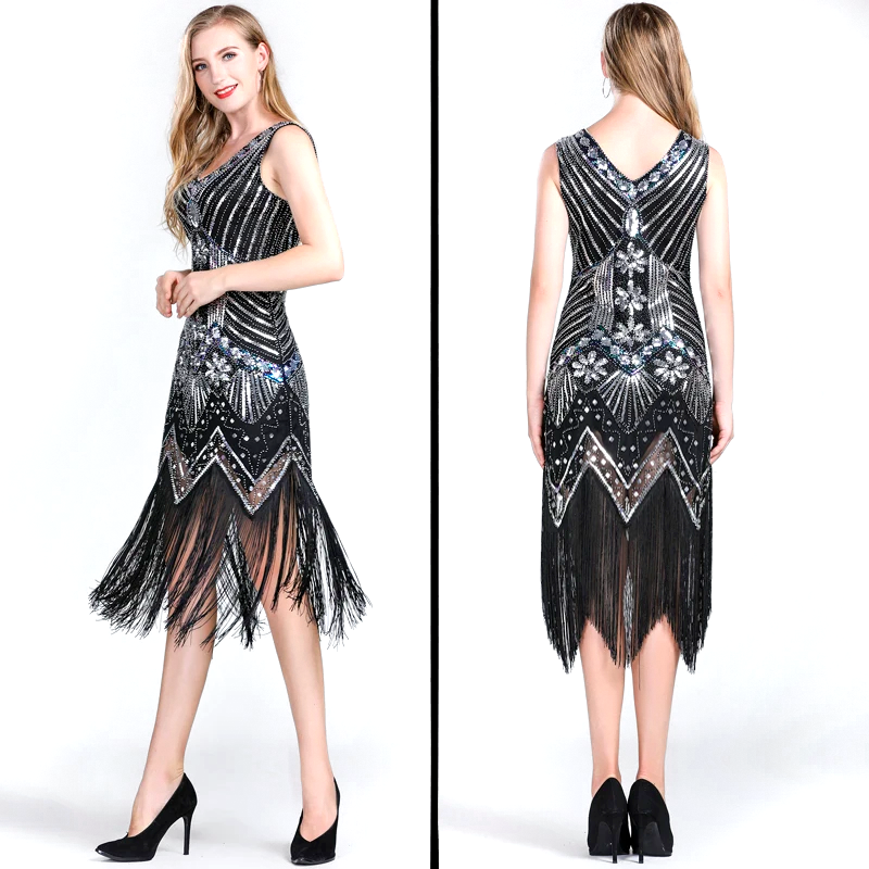 Black & Silver 1920's Gatsby Beaded Sequin Flapper Dress