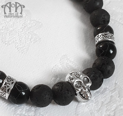 Mens Black Howlite & Lava Beaded Skull Stretch Bracelet