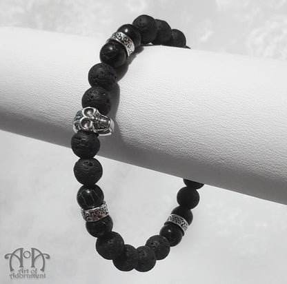 Mens Black Howlite & Lava Beaded Skull Stretch Bracelet