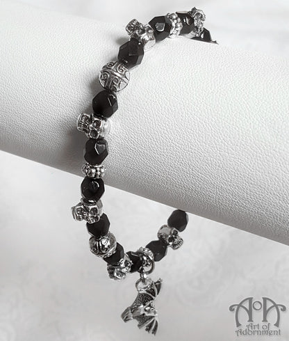 Nocturne Black Glass Mini Skull Beaded Stretch Bracelet