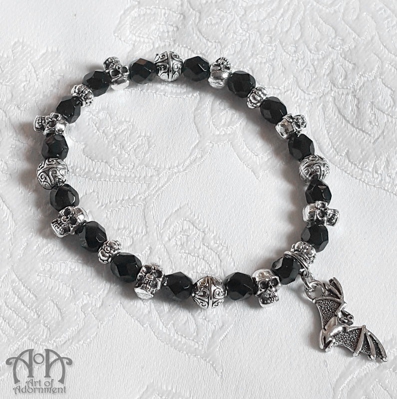 Nocturne Black Glass Mini Skull Beaded Stretch Bracelet