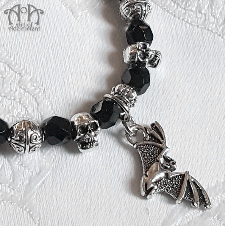 Nocturne Black Glass Mini Skull Beaded Stretch Bracelet