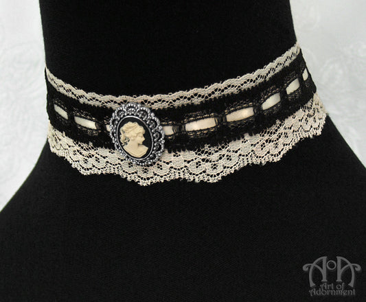 Patina Steampunk Black & Ivory Lace Cameo Choker Necklace