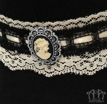 Patina Steampunk Black & Ivory Lace Cameo Choker Necklace