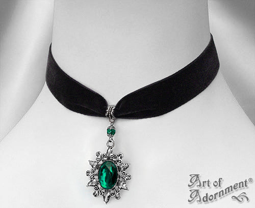 Sylvannia Green Crystal Black Velvet Pendant Choker Necklace