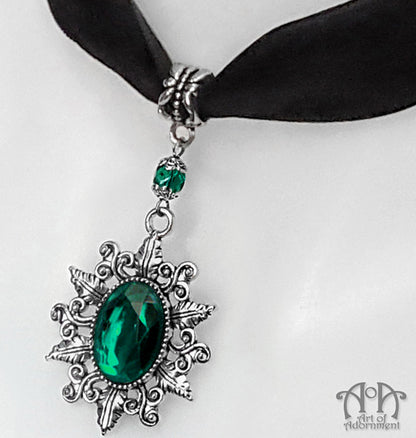 Sylvannia Green Crystal Black Velvet Pendant Choker Necklace