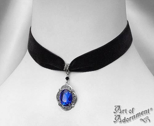 Celestia Blue Crystal Black Velvet Pendant Choker Necklace