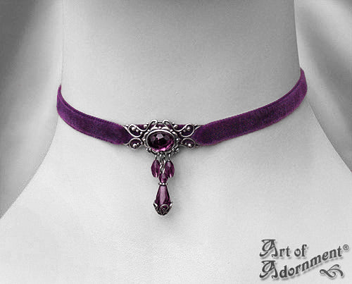 Vervaina Purple Crystal Beaded Velvet Choker Necklace