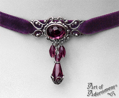 Vervaina Purple Crystal Beaded Velvet Choker Necklace