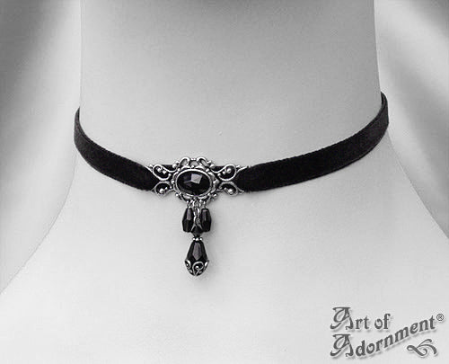 Nocturne Black Crystal Beaded Velvet Choker Necklace