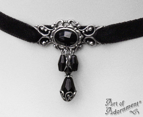 Nocturne Black Crystal Beaded Velvet Choker Necklace