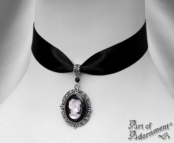 Luminosa Frosted Cameo Black Satin Pendant Choker Necklace