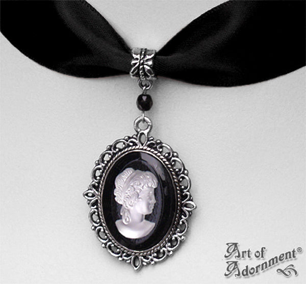 Luminosa Frosted Cameo Black Satin Pendant Choker Necklace