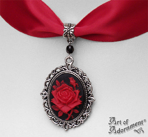 Sanguinari Gothic Rose Cameo Red Satin Pendant Choker Necklace